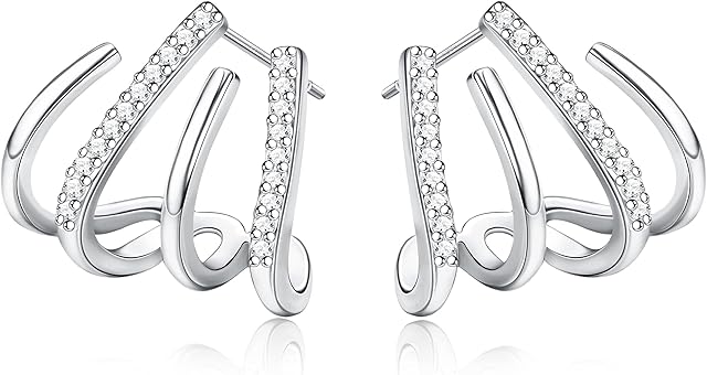 JeweBella 925 Sterling Silver Post Claw Earrings for Women 4 Prong Earrings with Shiny Zirconia Hypoallergenic Ear Cuff Wrap Piercing Earrings for Women Girl