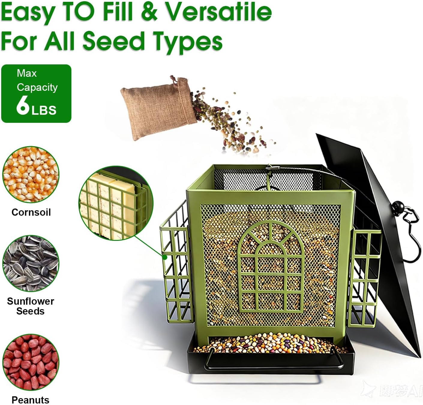 Large Squirrel-Proof Bird Feeder for Outdoors Hanging,Metal Bird Feeder with Squirrel Baffle,& Double Suet Cage,Suet Feeder,Humming Finch Cardinal Woodpecker Feeder,Great for Attracting Wild Birds