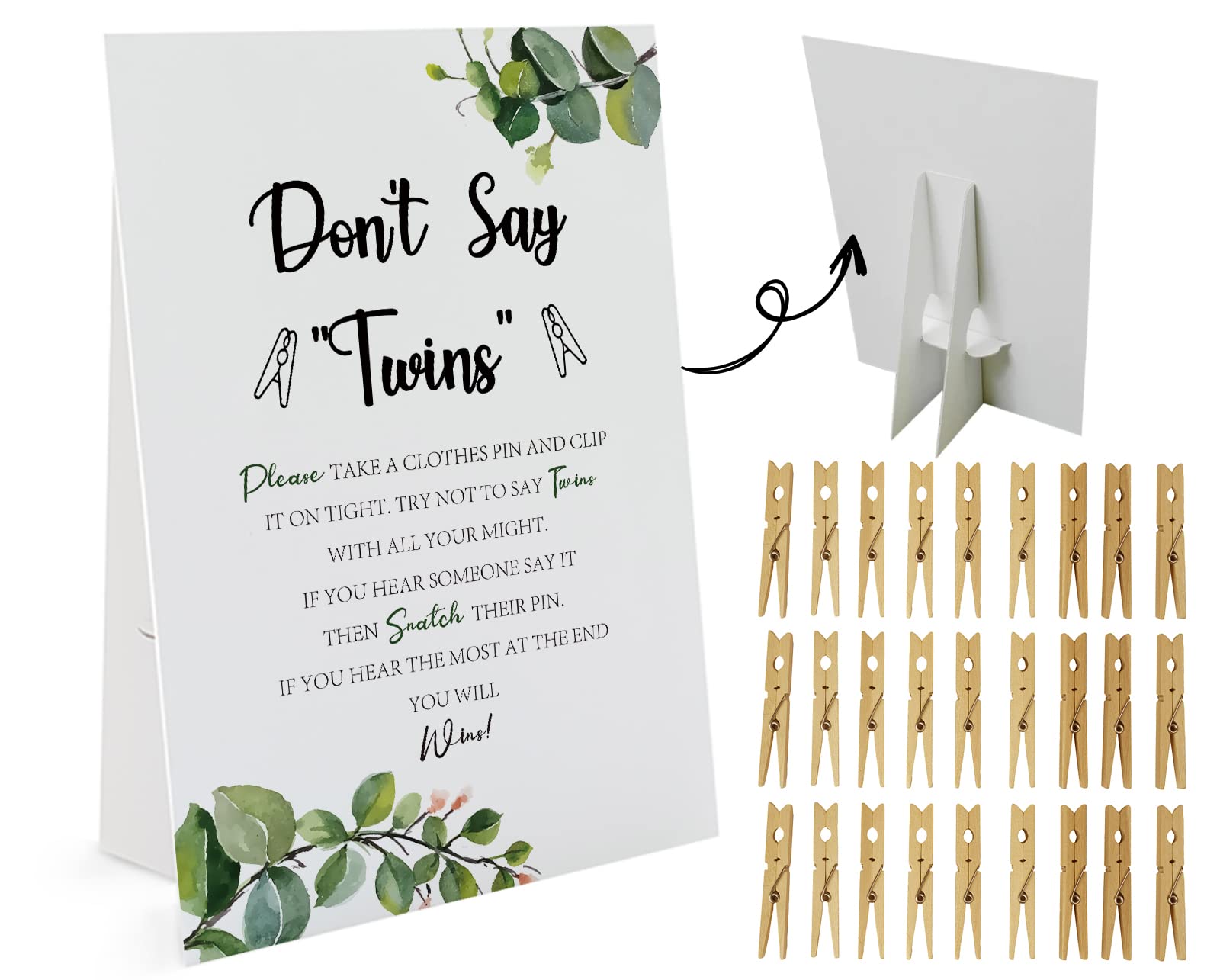 Greenery Don't Say Twins Game ?1 Sign and 50 Mini Natural Clothespins? Don't Say Baby Baby Shower Game, Baby Shower Decorations, Baby Shower Games Gender Neutral, Green Leaves Baby Shower (DS21)