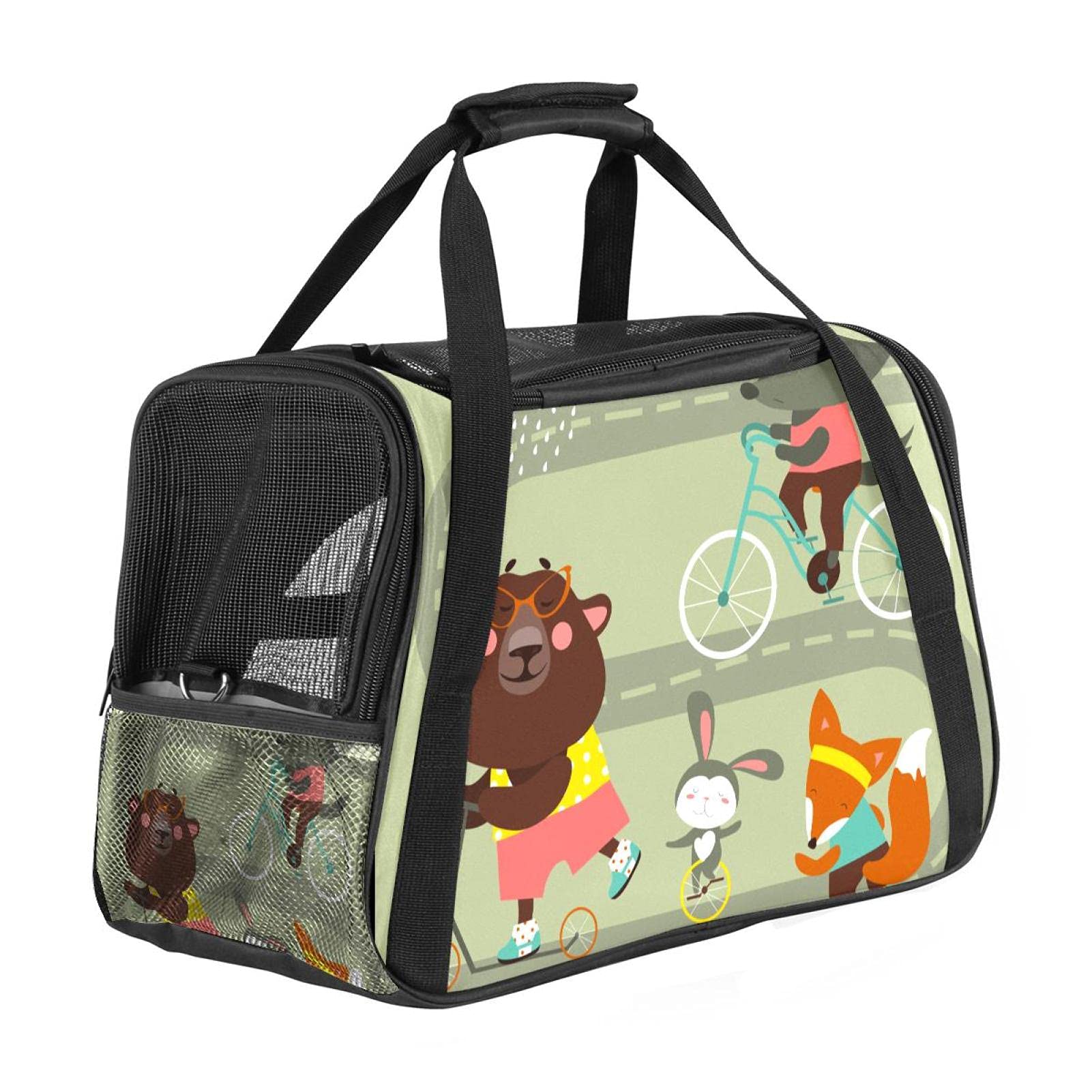 Sac de transport pour chat et chien pliable imprimé vélo avec motifs renard ours et lapin