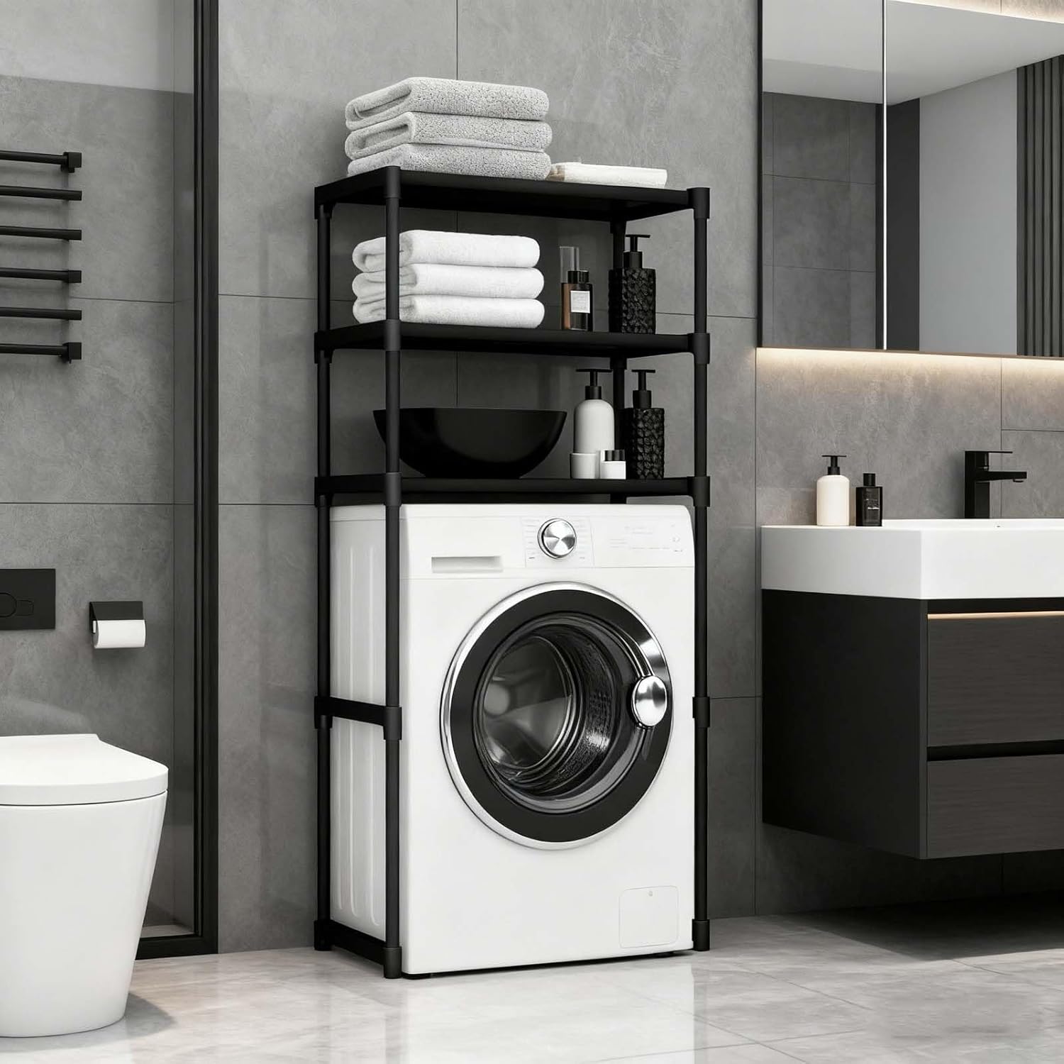 3-Tier Heavy Duty Metal Storage Rack Over Washer, Multi-Purpose Shelving Unit for Bathroom & Kitchen, Space-Saving Organization Solution (Black)