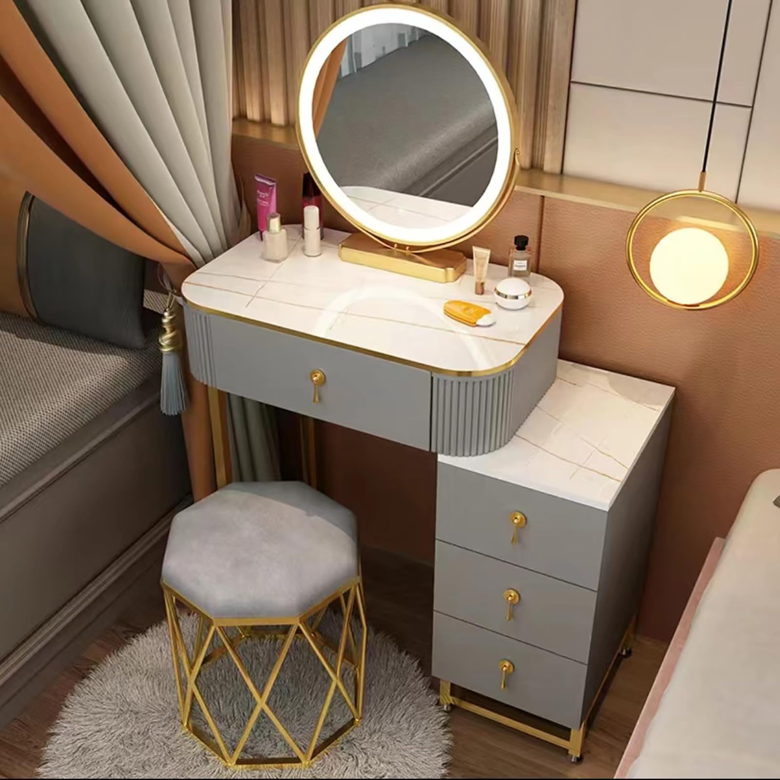 HothingwellDressing Table with Mirror Stool, Makeup Vanity Desk Set with  Modes Adjustable Lighted Mirror and Drawers Modern Bedroom Dresser