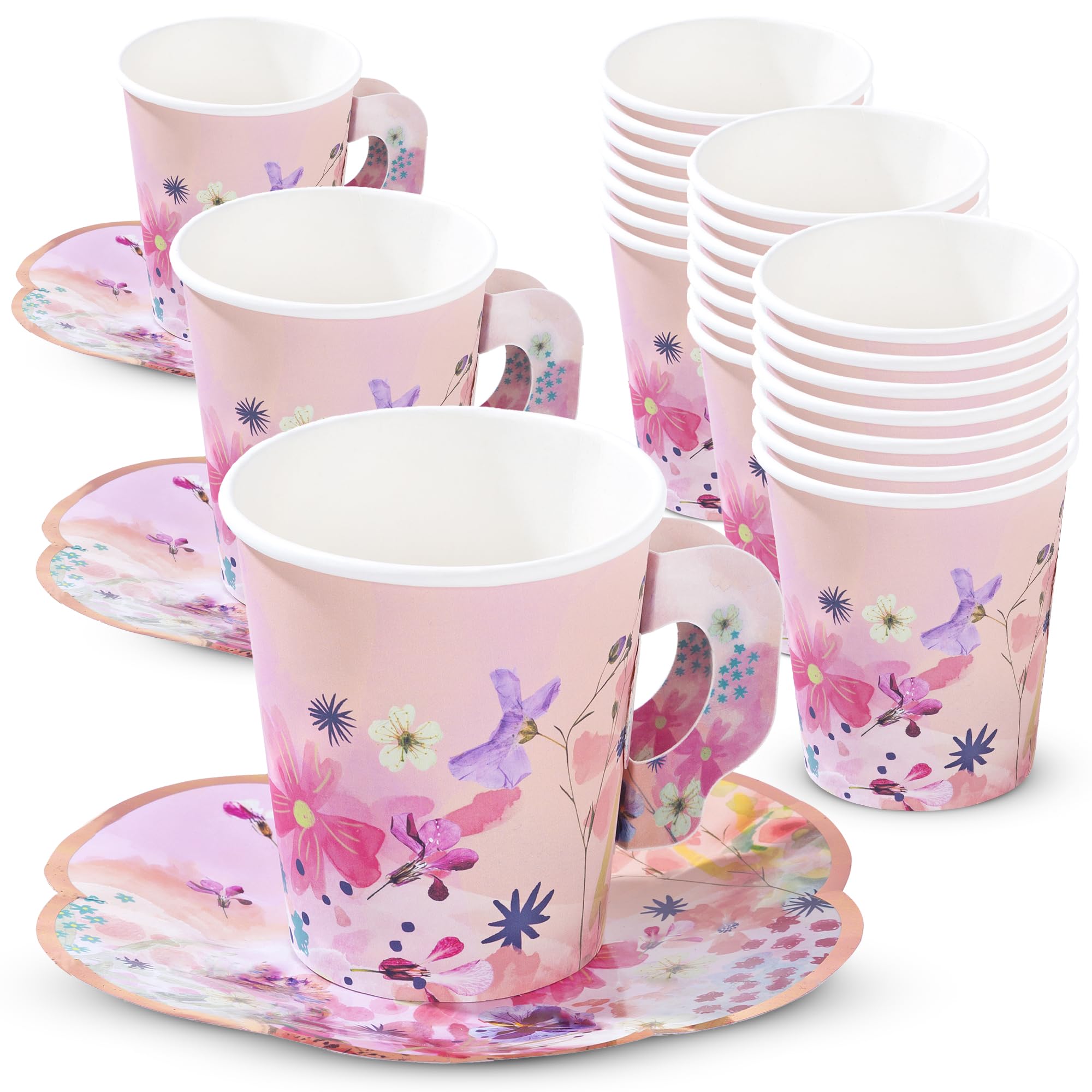 Talking Tables 24 x Pretty Pink Floral Afternoon Teacups & Saucer Set For Mothers Day Truly Scrumptious | Tea Party For Kids Birthday, Baby Shower, Wedding | Hen