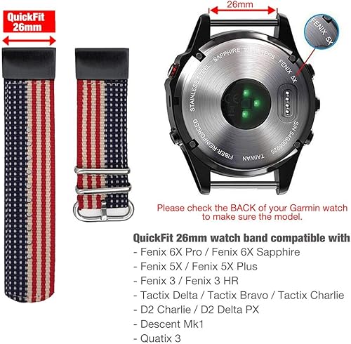 Miniatura 5 de Correa de reloj de 1.024 in para Garmin Fenix 6X Pro/Zafiro, correa de nailon tejida con patrón de bandera de Estados Unidos con cierre de acero