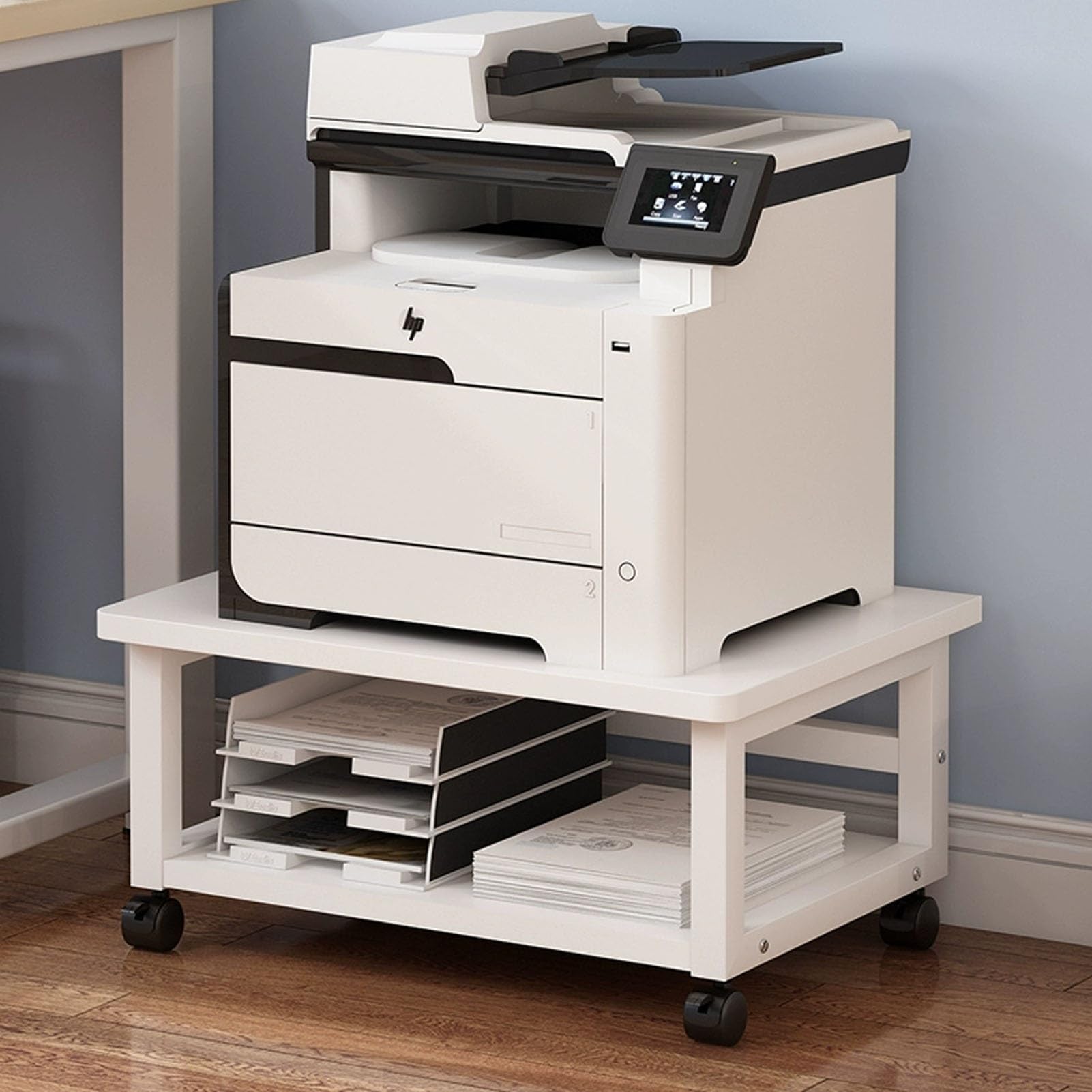 Mobile Printer Stand with Lockable Wheels Compact Rolling Cart for Office & Home Multi Storage Shelf for Printers Scanners & Files (White 50cm)