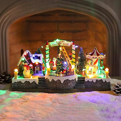 Miniatura 17 de Casa de pueblo de Navidad, edificios coleccionables musicales de Navidad, rotación de tren de hoguera con luces LED, aldea de vacaciones con USB