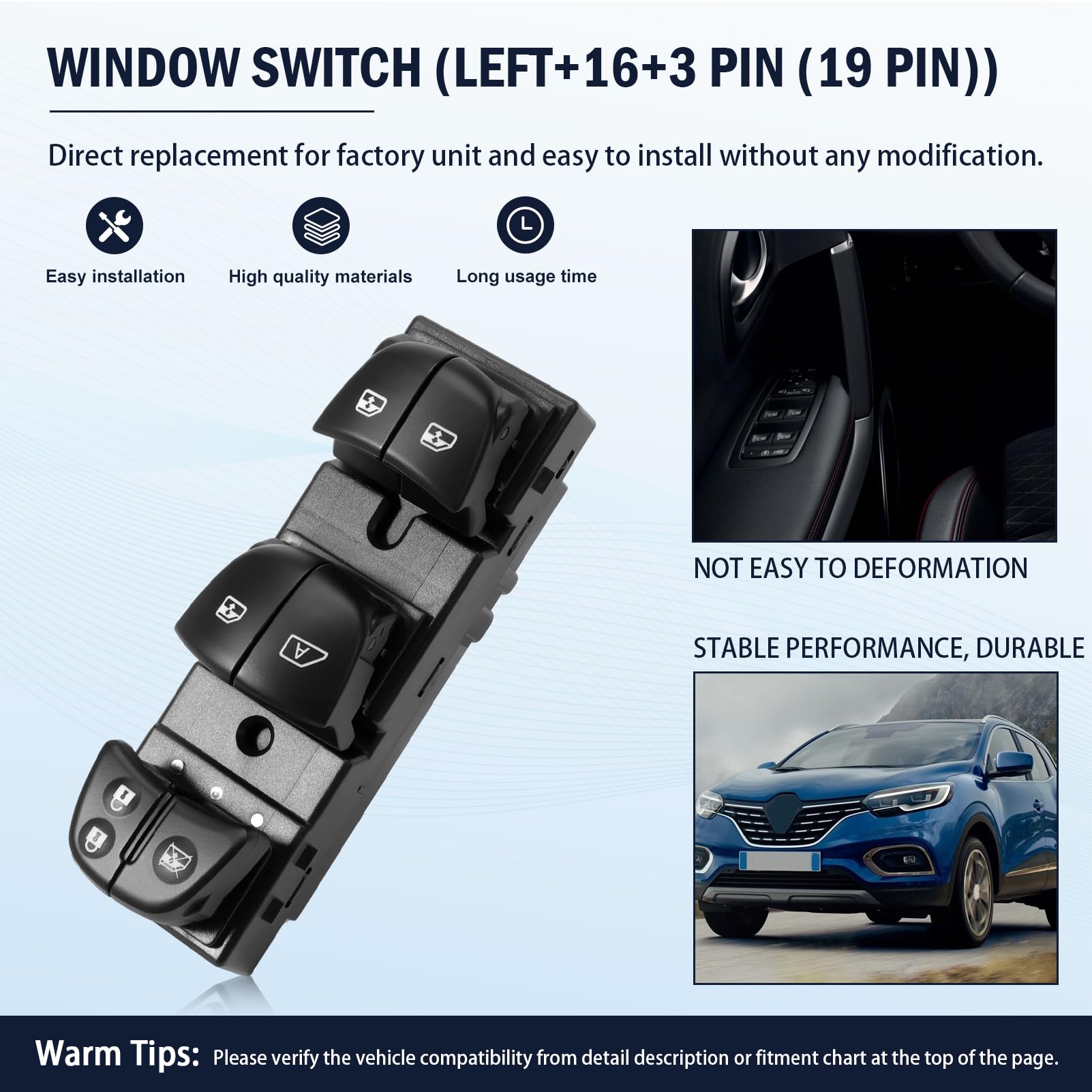 GRACEGALAXY Interruttore Alzacristalli Elettrico Pulsantiera Alzacristalli per Kadjar 2015-2021 25401-1766R 254011766R lato conducente 19 pin