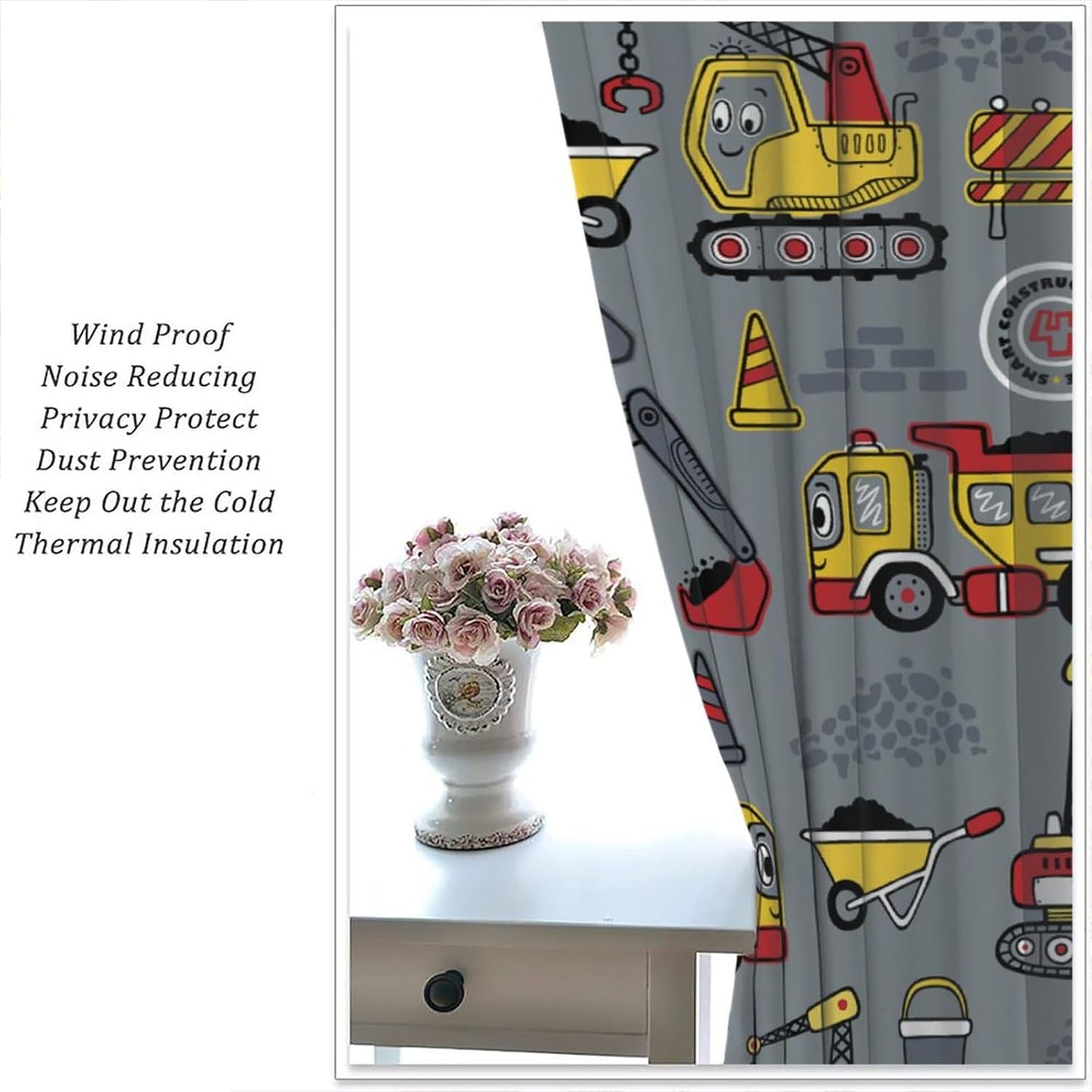 Boys Construction Curtains Cartoon Tractor Truck for Kids Bedroom Decor Bulldozer Child Nursery Toddler Excavator Art Printed Playroom Living Room Window Drapes Set 2 Panels,42x63 Inches