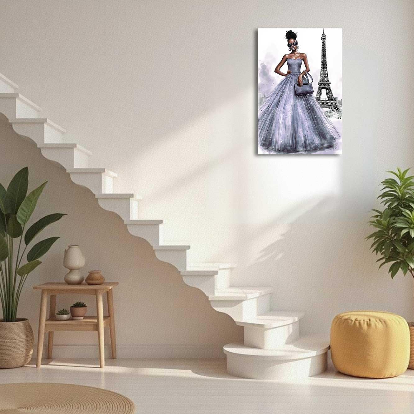 LZIMU Paris Wall Art Black Woman Pictures Black White Eiffel Tower Paintings African American Canvas Prints Fashion Black Girl Poster for Girls Bedroom Decor Framed (Silver, (18L x 12W))