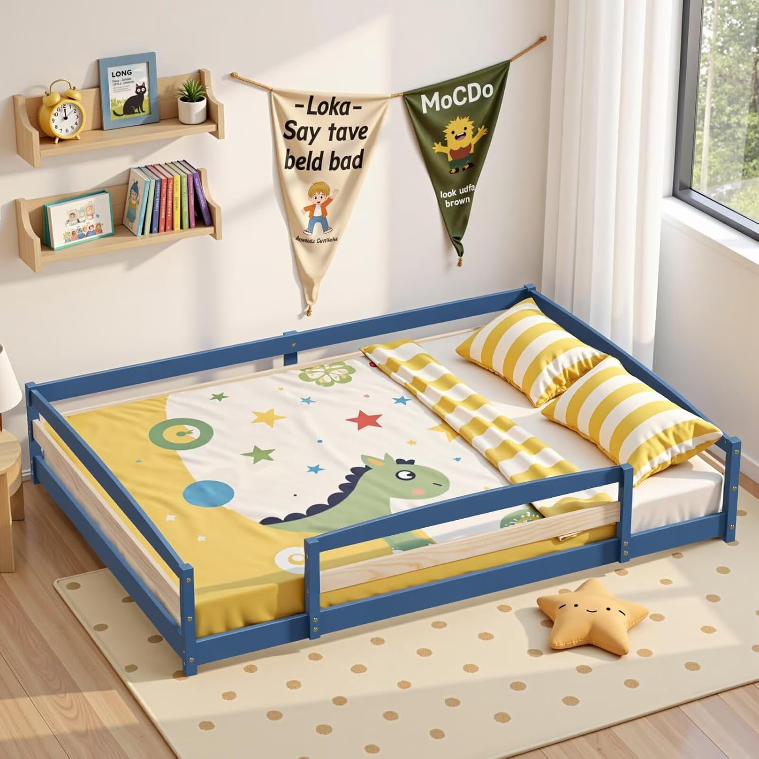 Twin Size Floor Bed Frame with 2 Openings, Wooden Low Montessori Bed with Safe Guardrails for Boys Girls, Mist Blue