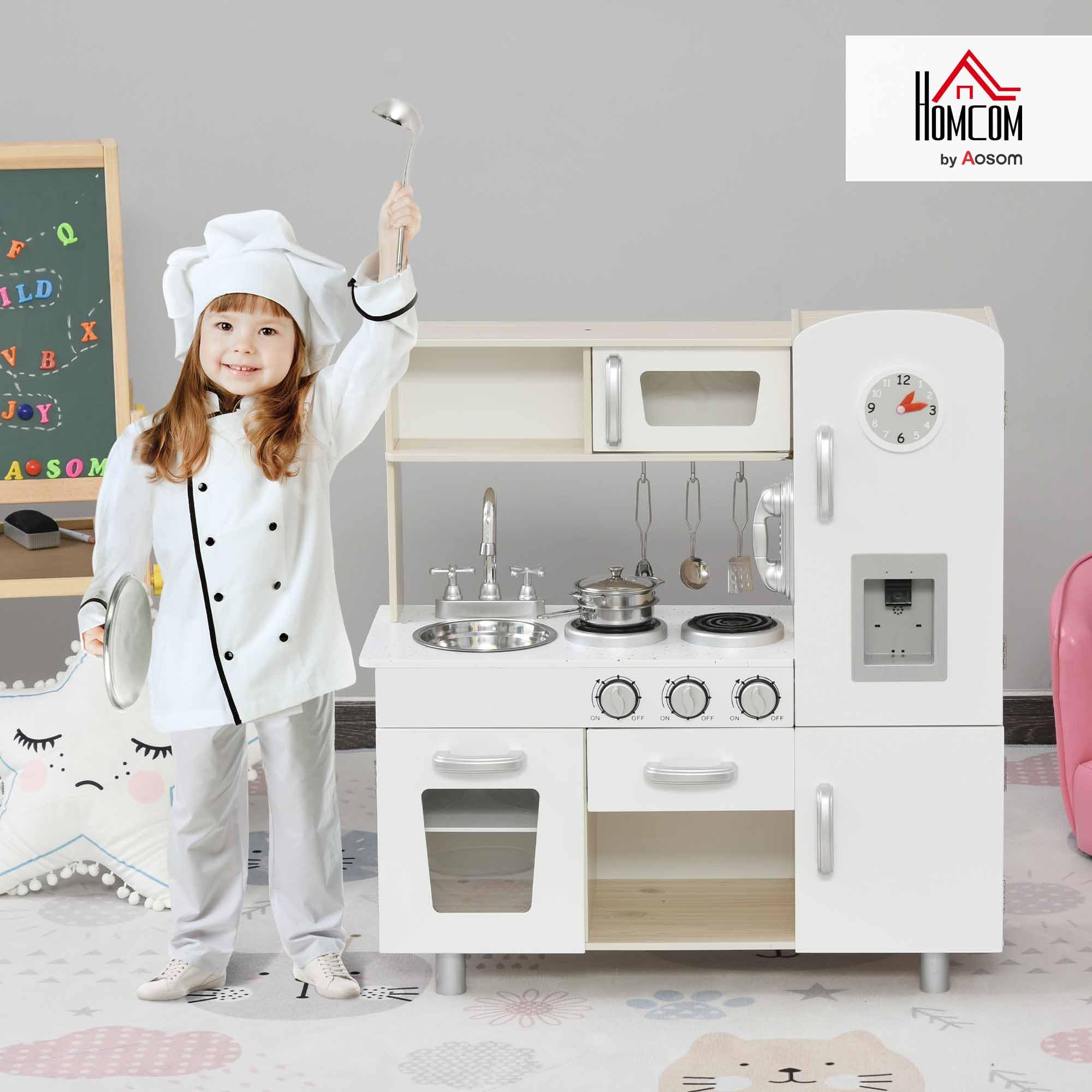 HOMCOM Cucina Giocattolo in Legno per Bambini con Lavandino e Fornelli, Pentole e Utensili in Acciaio, 74x30x81cm, Bianco