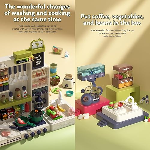 Miniatura 7 de Juego de 101 piezas de cocina para niños, juego de cocina para niños pequeños con estufa de sonido, luces, música, grifo, fregadero y comida de