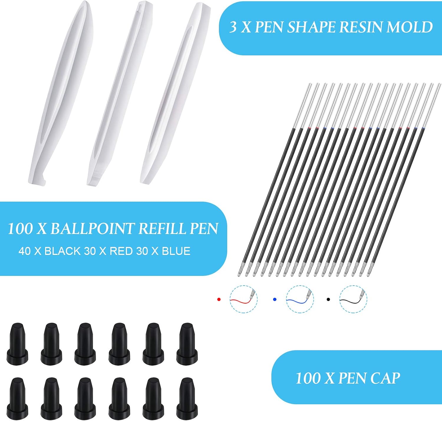203 Pieces Pen Shape Resin Molds set 3 pieces Ballpoint Pen Silicone Molds with 100 Pieces Ballpoint Refill Pens and 100 Pen Caps, Cylinder Shaped Casting Silicone Molds for DIY Pen Crafts Making Tool