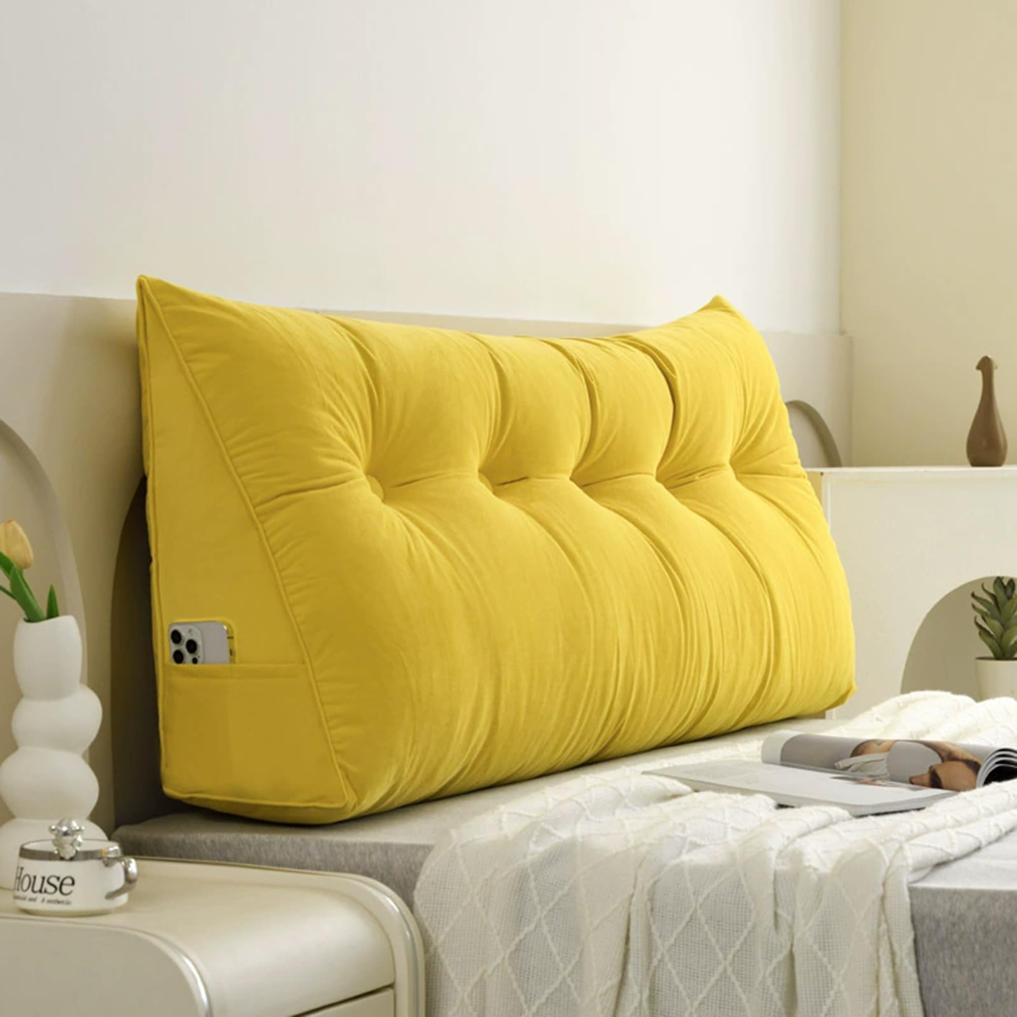 Hruile Triangular Backrest Reading Pillow, Ergonomic Lumbar Support Cushion for Backrest, Wedge Headboard Pillow, Double Single Bed Back Cushion with Removable Cover (120x50x20cm,Yellow)