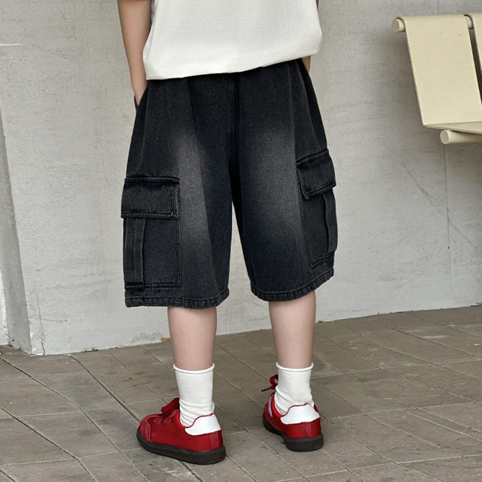 Pantalones cortos de mezclilla para niños, holgados, cintura elástica, pantalones cortos de verano, casuales, rectos, pierna ancha, longitud hasta la rodilla, ropa de calle para adolescentes