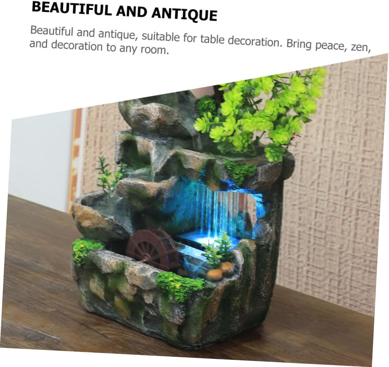 Resin Indoor Waterfall Fountain Tabletop Decor with US Plug Mini Desktop Tranquil Water Feature for Living Bedroom Office Antique Style Humidifying Relaxation Fountain