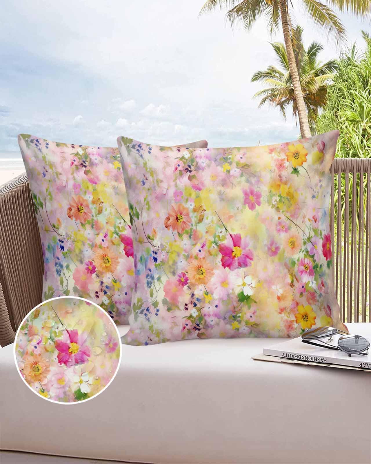 Boanket Outdoor Pillow Covers 26 x 26 in, Spring Floral Waterproof Throw Pillow Cover Set of 2, Elegant Summer Flowers Botanical Home Decorative Square Cushion Covers for Patio/Tent/Couch/Garden