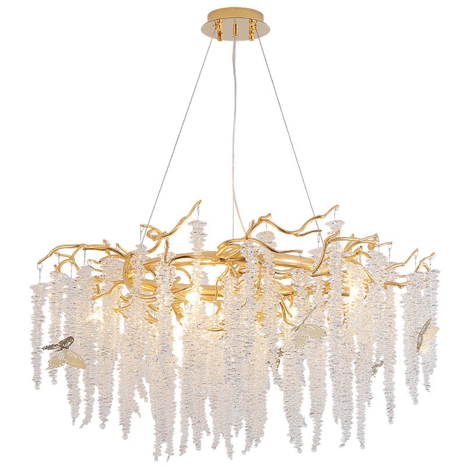 KXEcoLife Crystal Tree Branches Chandeliers Luxury Raindrop Pendant Light Fixture Tassel Ceiling Hanging for Dining Room Bedroom Living Entryway,Round D60cm