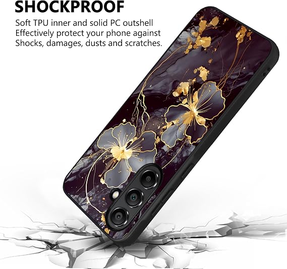 for Samsung Galaxy A26 5G Case, [Glow in The Dark] Cute Flower Slim Fit Hybrid Hard PC Soft TPU Shockproof Drop Protective,Aesthetic Phone Case for Samsung Galaxy A26 2025Black Gold Marble
