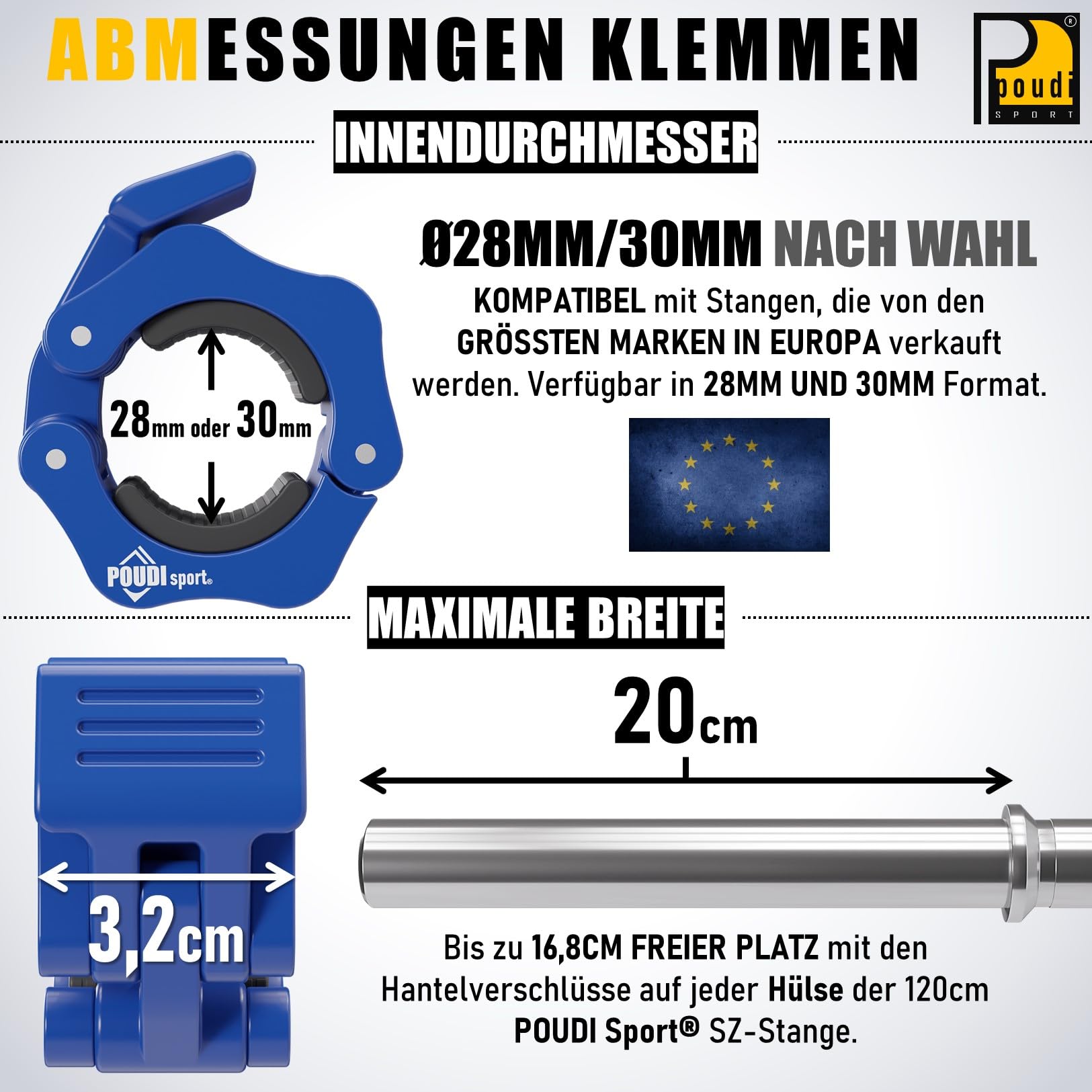 Barre curl EZ de musculation en acier chromé 120cm | 2 colliers de serrage + 2 anneaux amovibles | Ø : 28mm ou 30mm