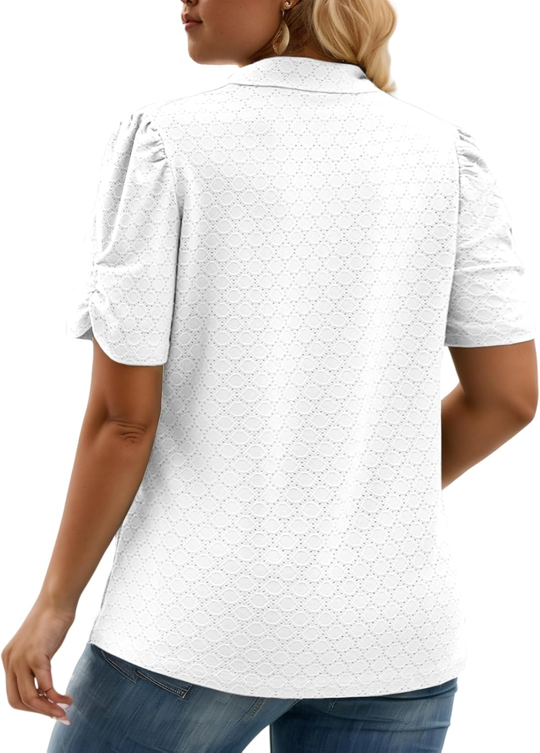 VISLILY Womens-Plus-Size-Summer-Tops Polo V Neck T Shirts Puff Short Sleeve Lapel Collared Work Blouses Eyelet Tunics XL-5XL - Image 3