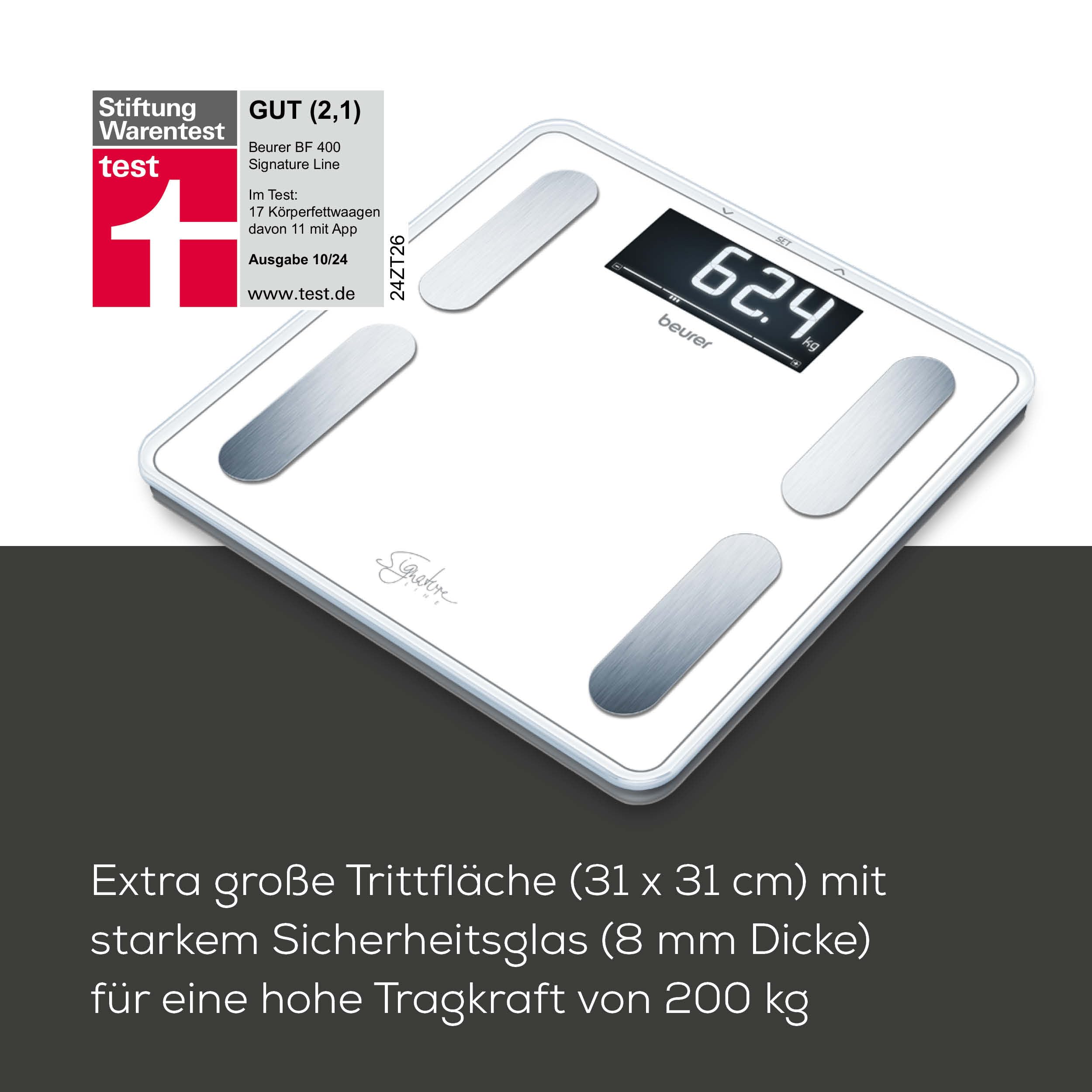 Beurer BF 400 white Diagnosewaage Signature Line, präzise Körperanalyse für bis zu 10 Personen, mit extra großem Invers-LCD-Display, Tragkraft bis 200 kg