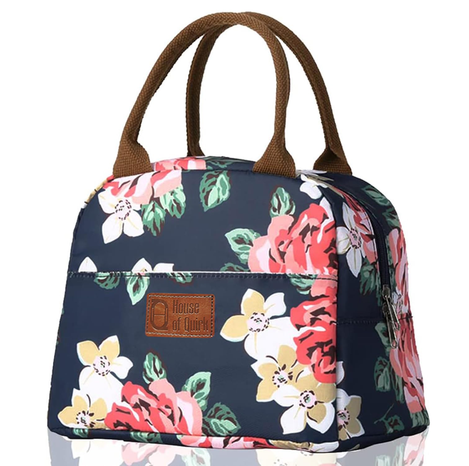 House of Quirk Insulated Reusable Nylon Lunch Bag Tote Bag for Women, Printed Lunch Bag for School, Picnic, Office, Outdoor, Gym (Navy Rose Flower)