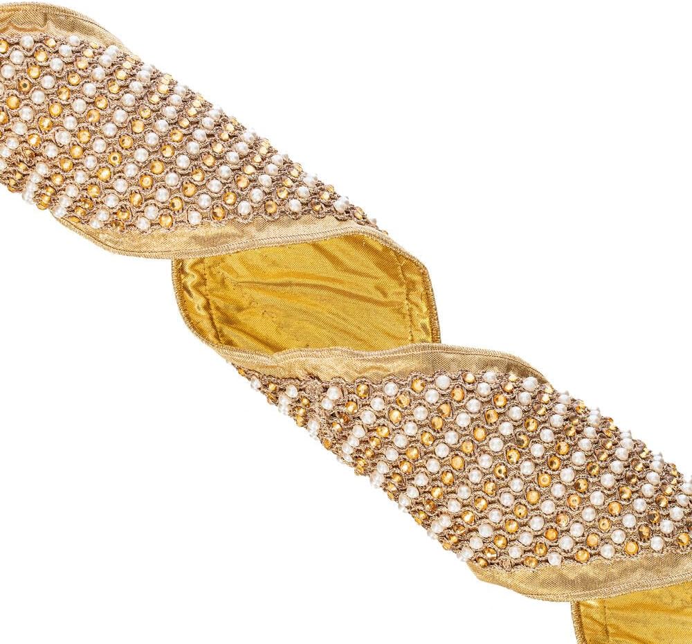 Vickerman 4" x 5 Yards Gold Jewel Pearls Wired Edge Christmas Ribbon.