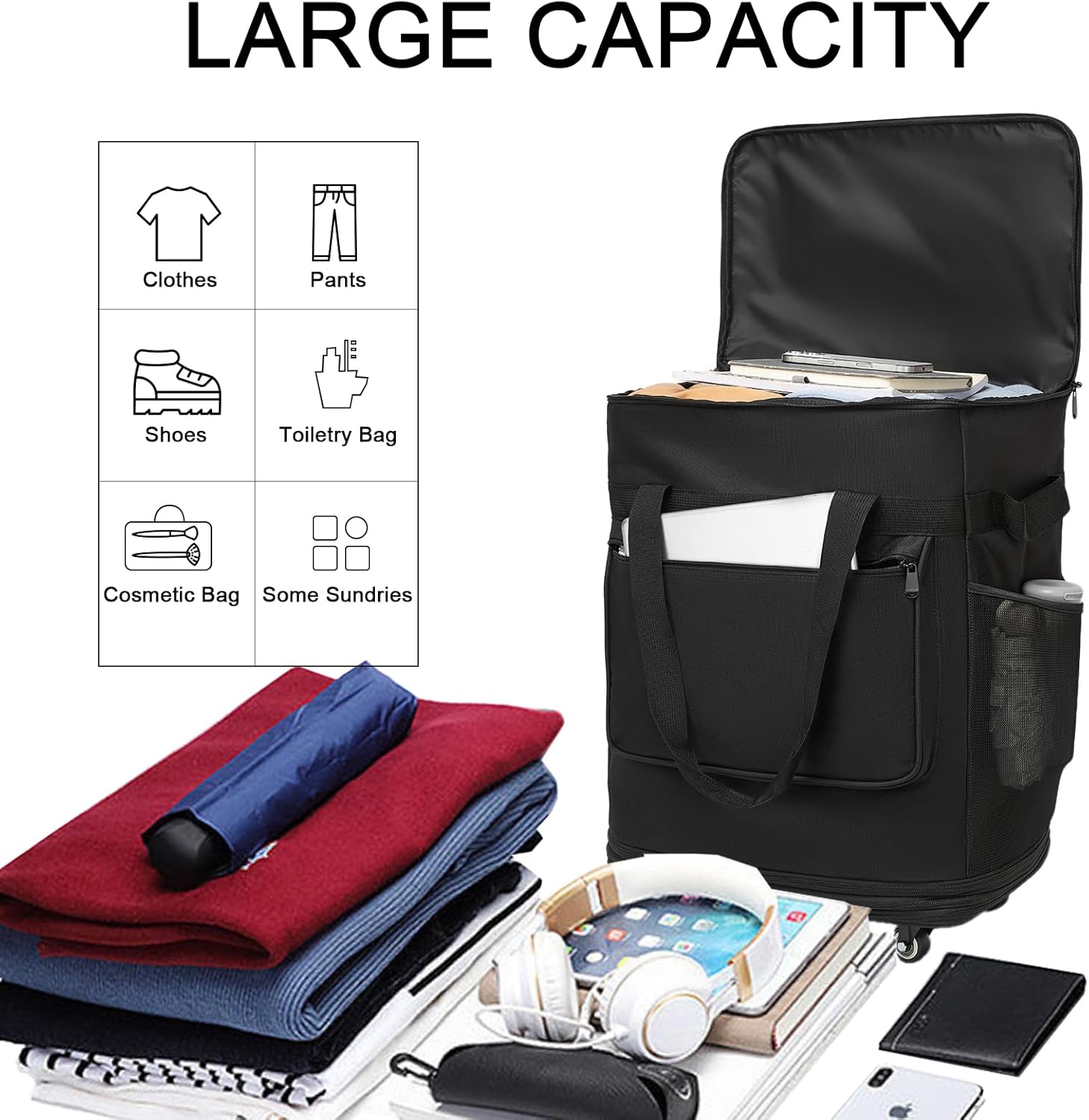 Foldable Duffel Bag, Large Expandable Rolling Travel Duffle Bag with Wheels Waterproof Collapsible Carry on Luggage for Women Men Duffel Bag with Wheels and Handle-Black - Image 2