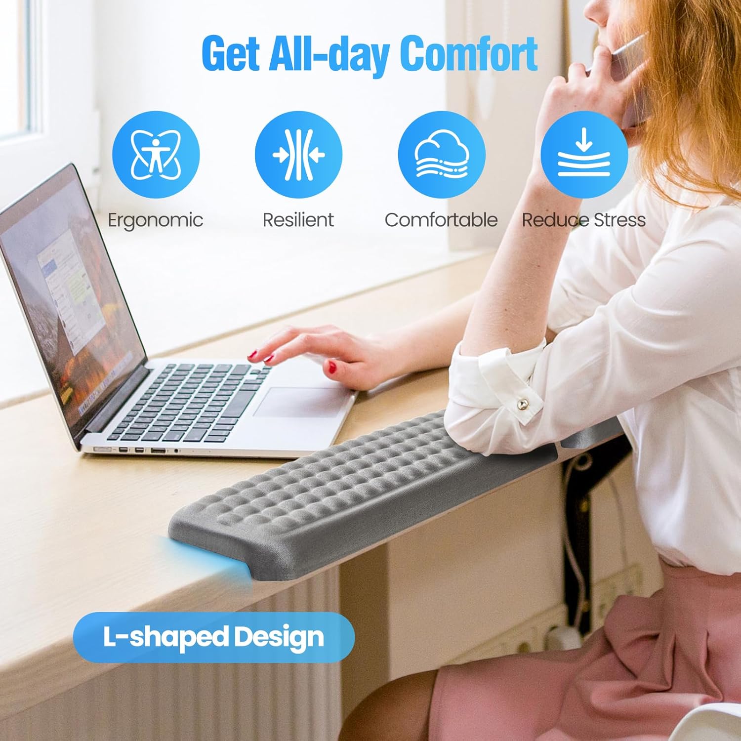 2PCS L-Shaped Desk Wrist Rest Elbow, Forearm & Wrist & Elbow Comfort Support for Desk Edge, Memory Foam Desk Edge Cushion, Adjustable Non-Slip, Ergonomic Support for Elbow Pad for Desk (Gray)
