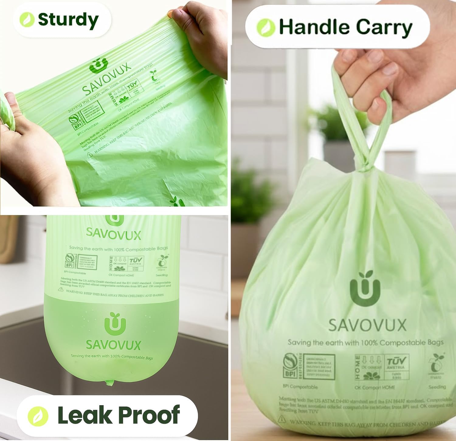 1.6 Gallon Compost Bags with Handles, Small Kitchen Food Scrap trash Bags for Countertop Compost Bin, 6L, 100 Count, BPI & OK Compostable Certified