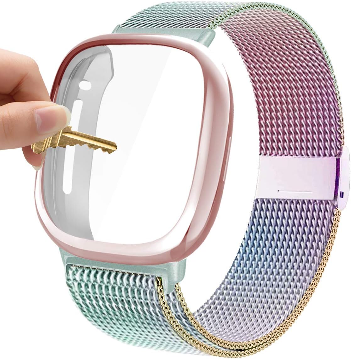 Maxjoy Compatible with Fitbit Sense/Versa 3 Bands, Versa3 Stainless Steel Metal Band Mesh Replacement Bracelet Wristband with Protective Case Compatible with Fitbit Sense/Versa 3 Watch