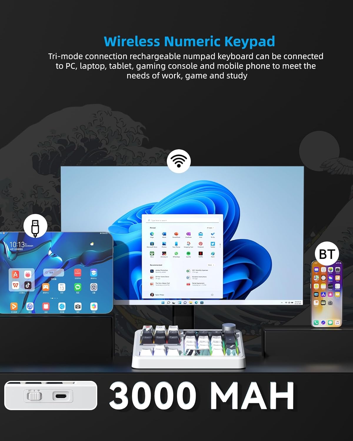 Womier SK30 Mechanical Numpad, Mini Keyboard with Screen & Knob, Bluetooth/2.4G/USB-C Wireless Numeric Keypad, Macro Software RGB Number Pad Hotswap, Rechargeable Number keypad for Mac Windows,White