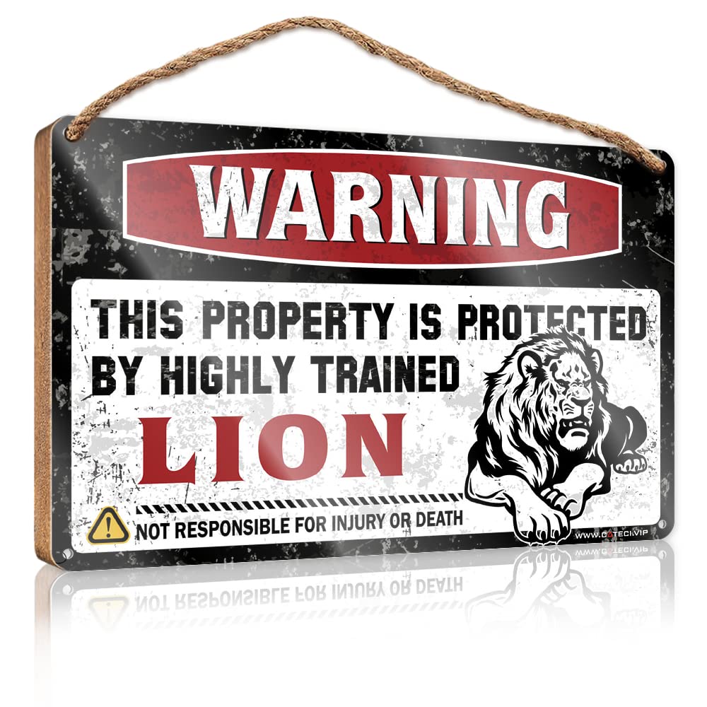 DTHA Funny Porch Decor Warning This Property Is Protected By A Highly Trained Lion Wooden Sign Outdoor Signs And Decor Porch Signs Outdoor