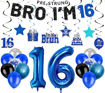 16th Birthday Decorations Boys Pre-Strung Glitter Birthday Banner | Blue silver & black set includes number 16 balloons hanging swirls and latex balloons, cheers to 16 years old party supplies
