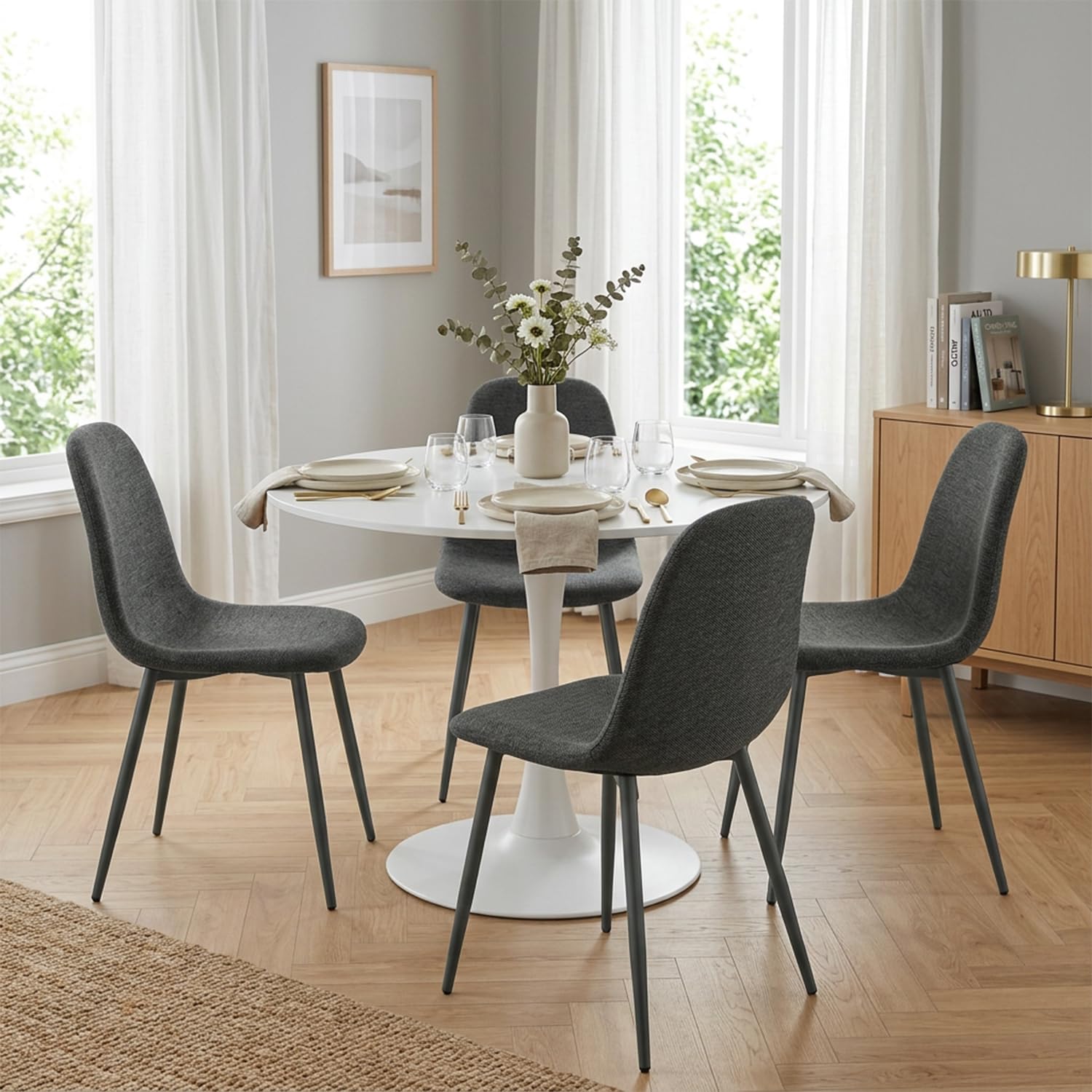 MEUBLE Cosy Esszimmerstühle 4er Set Küchenstuhl Polsterstuhl Wohnzimmerstuhl Skandinavisch mit Rückenlehne, Sitzfläche aus Stoff, Metallbeine, Grau