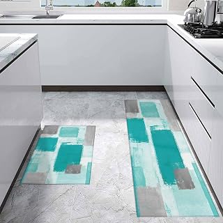 Kitchen Rugs and Mats Set of 2,Teal Green Grey Oil Painting Non Slip Rug Carpet Standing Floor Mat Area Runner for Bathroom Living Room Entryway,Modern Abstract Color