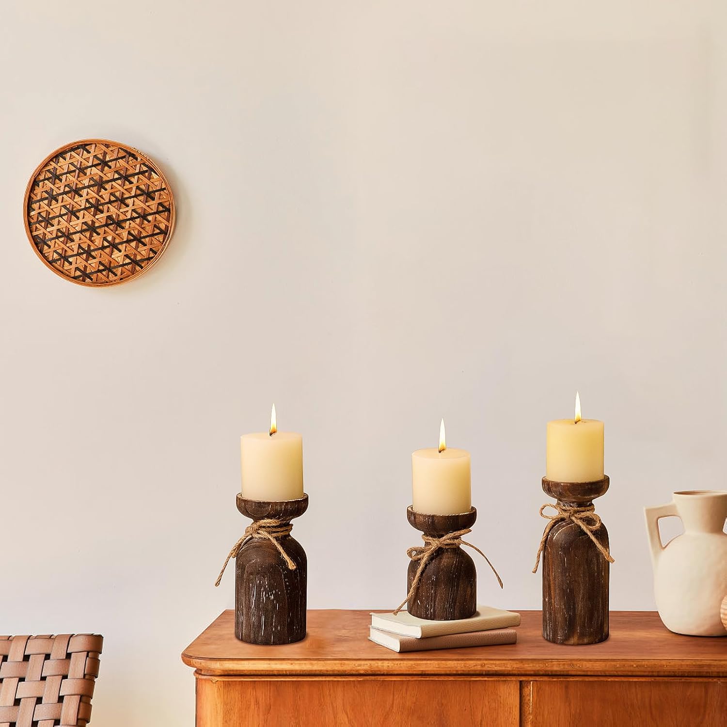 Farmhouse Wooden Candle Holders for Pillar Candles, Brown Distressed Set of 3 Rustic Wood Pillar Wood Candle Stands with Hemp Rope Bow Table Centerpiece Decor for Fireplace, Living, and Dining Room