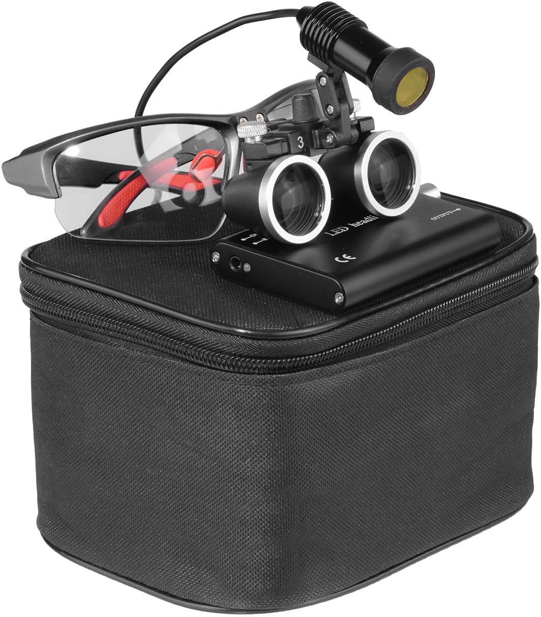 EustomA 3.5X Binocular Loupes Magnifier with 5W LED Clip on Headlight Optical Glass Headlamp with Two Clips Adjustable Cloth Bag DY-409-3.5X (Black)