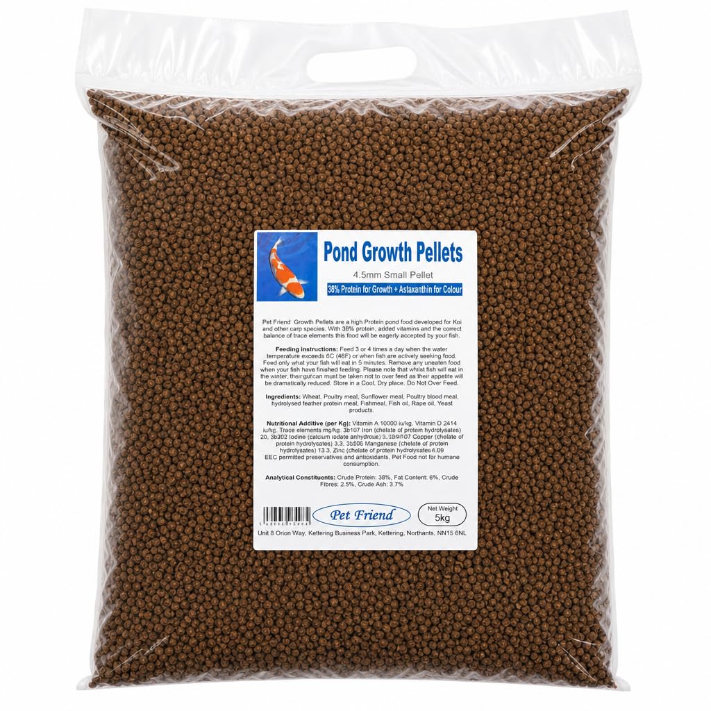 Pet Friend Growth Pellet 4.5mm Small Pond Fish Food, 5kg | High Protein Floating Pellets for Small Koi & Medium Goldfish
