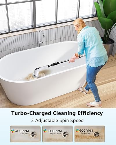 Miniatura 4 de Limpiador eléctrico giratorio, limpiador de ducha inalámbrico con 9 cabezales reemplazables, pantalla LED de 3 velocidades, cepillo limpiador de