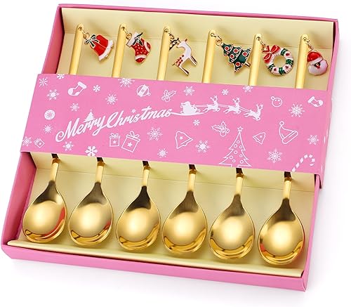 Cucharas de café doradas de acero inoxidable para Navidad, regalo de Navidad para decoraciones festivas, juego de 6 para revolver el té y utensilios