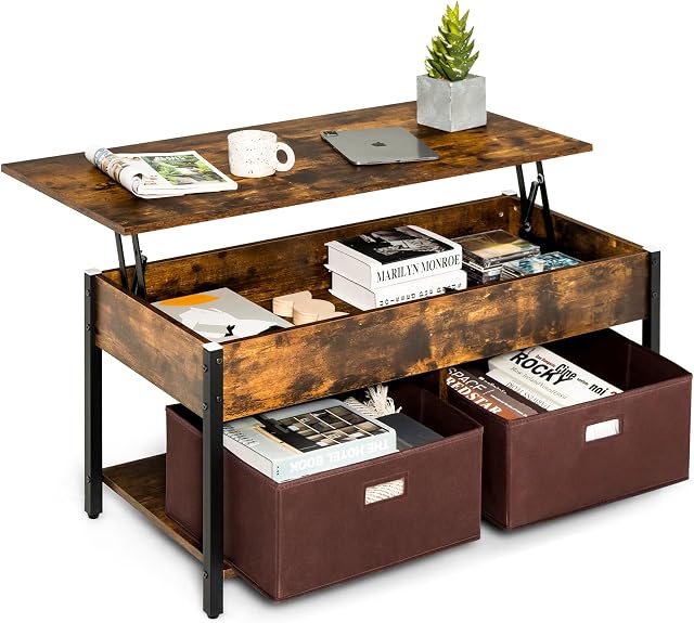 COSTWAY Lift Up Top Coffee Table, Hydraulic Cocktail Snack Tea Tables with Hidden Storage Compartment & 2 Folding Fabric Drawers, Wooden Lifting Storage Sofa Side Table for Living Room (Rustic Brown)
