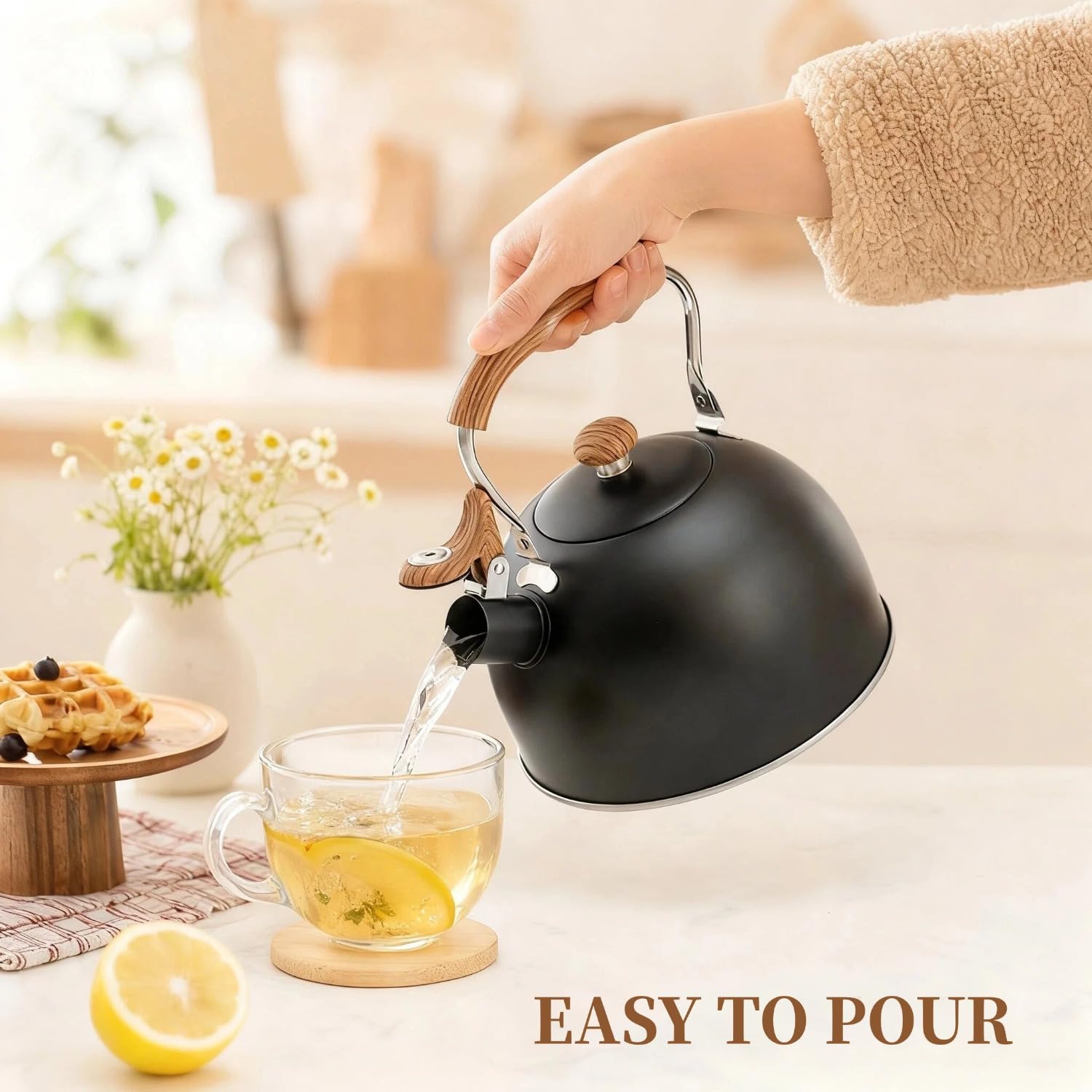 Hervidor silbante para estufa, tetera de acero inoxidable con mango plegable anticalor para estufa de gas, placa de inducción, 2,5 L (negro)
