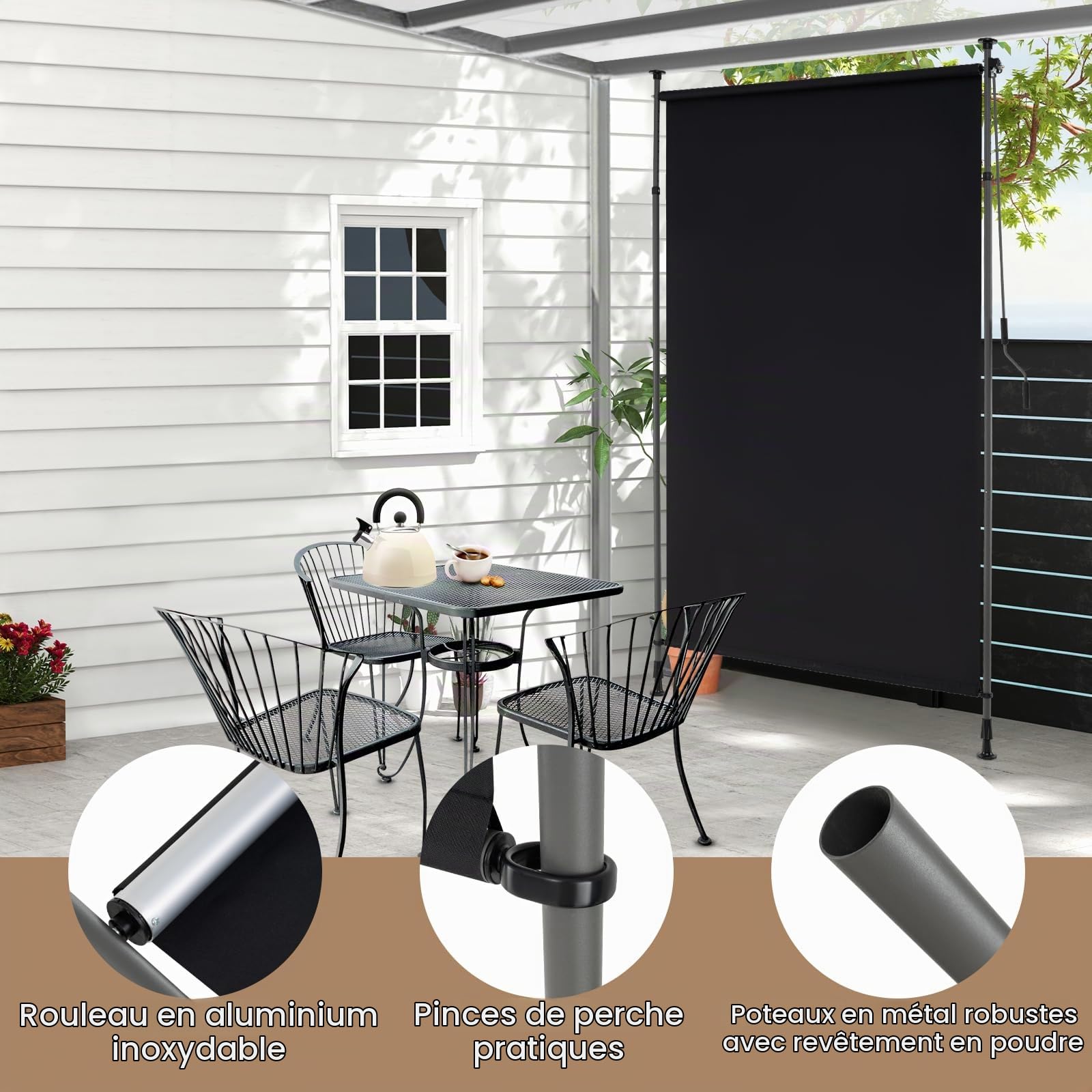 RELAX4LIFE Store Vertical sans Perçage | Store Extérieur Rétractable avec Manivelle | Polyester Anti-UV | Poteau en Alu | Hauteur 220-310 CM | Protection Solaire | pour Véranda Balcon (1,5M,Noir)