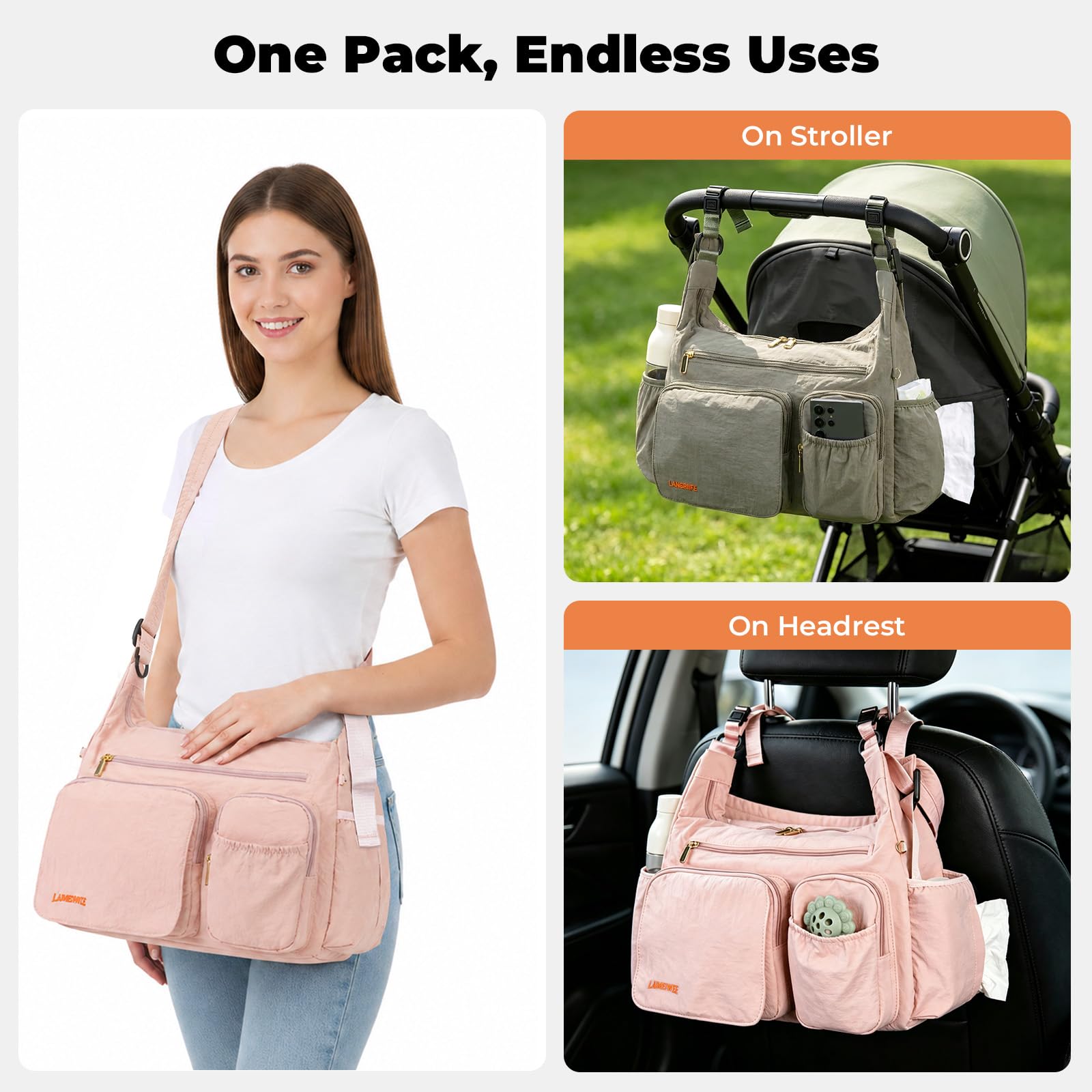 Bolso Cambiador Mullido 2 en 1, Organizador de Carrito y Bandolera para Mamá, 13L Ligero, Bolsa de Viaje Bebé, Trabajo, Gimnasio, Hospital Maternidad