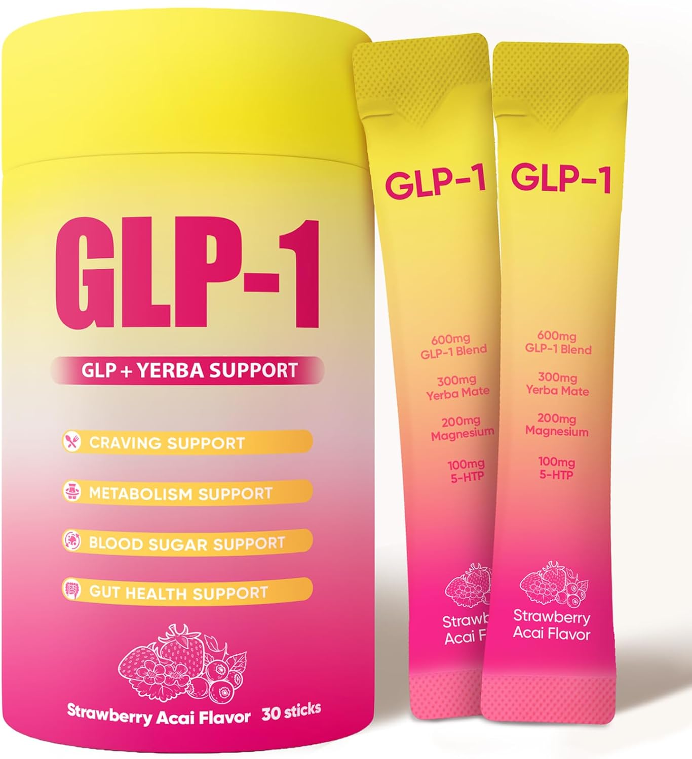 GLP-1 Drink Mix – Dual-Action Craving & Metabolism Support, GLP 1 Drink Mix with Berberine, Chromium, 5-HTP, Yerba Mate & Magnesium | Strawberry Açaí Flavor – 30 Servings (1)