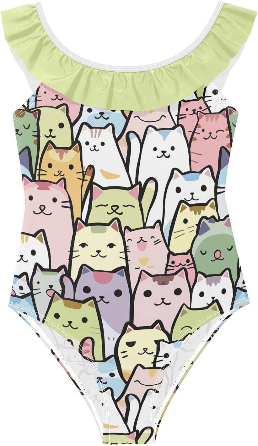 visesunny Girls One Piece Swimsuits Ruffle Swimwear Colorful Cartoon Cute Cats Bathing Suits for Girls 3-6Y