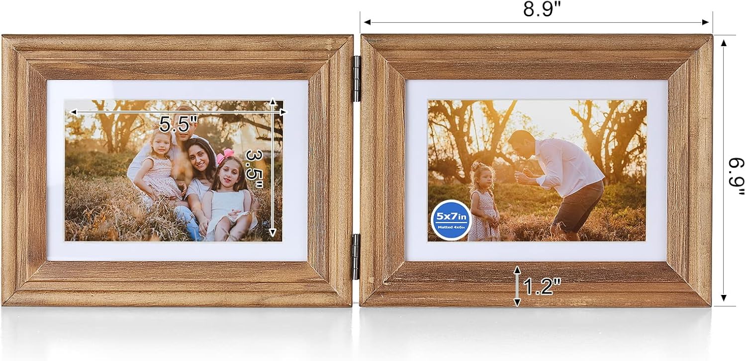 5x7 Double Horizontal Hinged Wood Picture Frame Folding Photo Frame with Real Glass Front in Distressed Farmhouse Wood Grain for Tabletop, Display 4x6 with Mat or 5x7 without Mat X2-MU-2H57