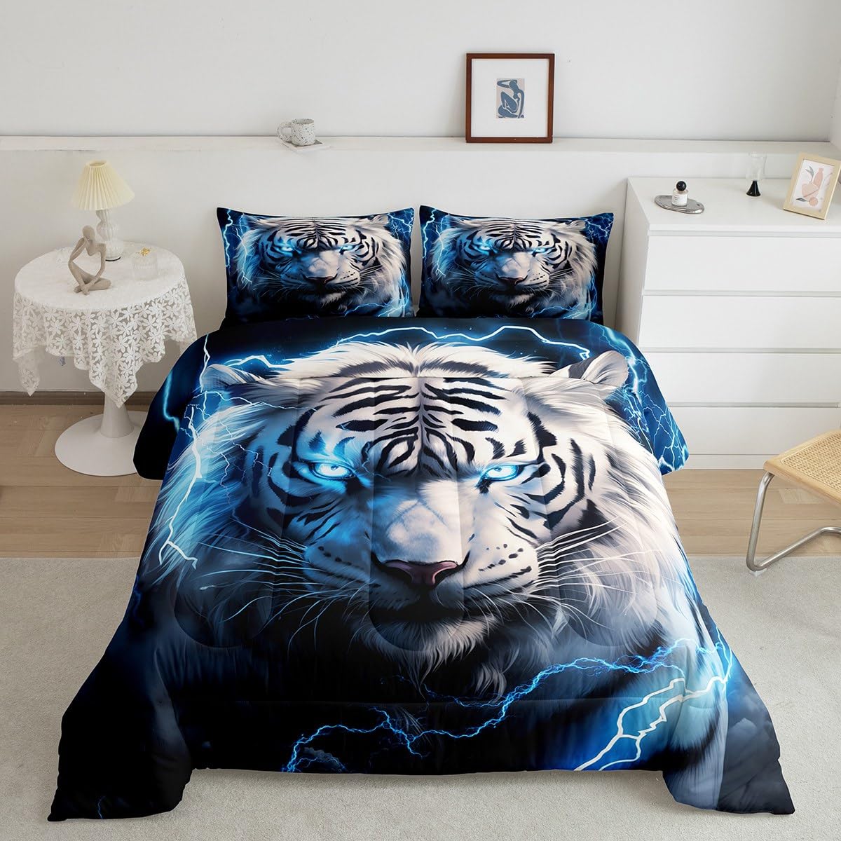 Castle Fairy 3D Tiger Comforter Set Twin Size,Blue Lightning Bedding Set White Black Tiger Wild Animals Quilt Set 2Pcs for Kids Boys Teens Men Room